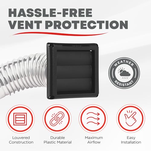 Image of Deflecto Supurr-Vent 4 inch Outdoor Dryer Vent Cover Black Louvered Wall Hood with Gravity Damper for Backdraft Prevention, Fits Standard 4 inch Dryer Exhaust Pipe, Weather & UV-Resistant, Durable 6 inchx6 inch Face
