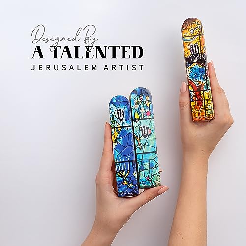 Image of SURI Wooden Mezuzah Case for Door - 5 Inch Yellow Chagall-Inspired Mezuza Cover with Printed Scroll, Self-Stick Adhesive, Fits a 4 Inch Scroll, Gift Box Included