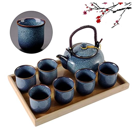 DUJUST Juego de té japonés para 6, juego de té de porcelana de esmalte alterado en el horno con 1 tetera, juego de té chino único para adultos/amantes del té/mujeres/hombres, azul claro