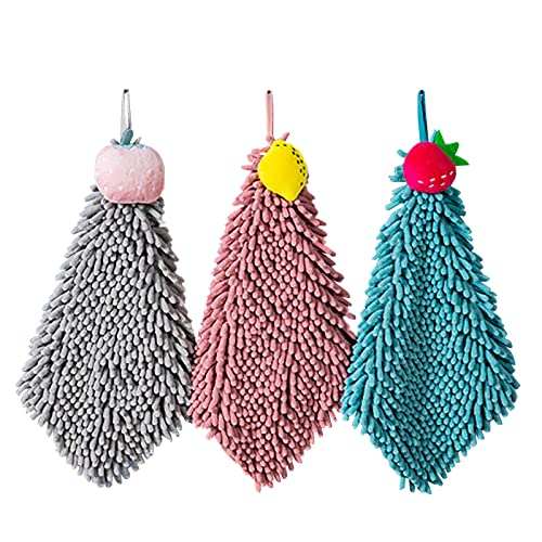 Chenille Hanging Hand Towels Soft Absorbent Microfiber Hand Towels Plush Quick-Drying Cute Cartoon Fruit Hand Towel With Hanging Loops For Bathroom Kitchen (Blue+Grey+Pink) #TOP7