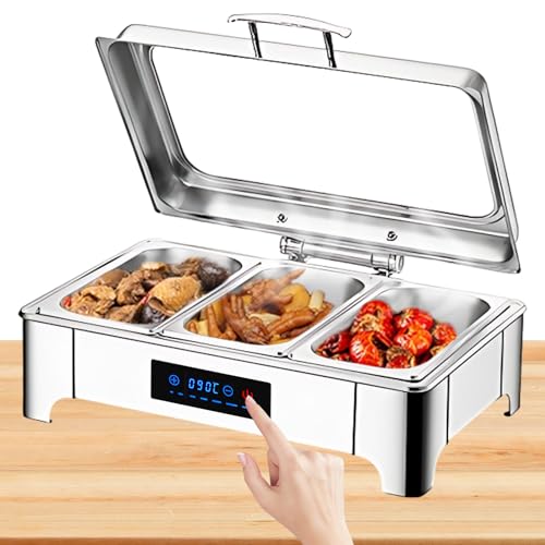 BOVDC Chafing Dish Elettrico, 9L Scaldavivande Elettrico per Buffet Acciaio Inox, Chafing Dish Buffet Elettrico Temperatura Regolabile con Coperchio Visibile(B, 1/3 PAN)