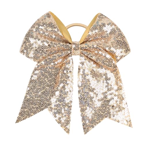 7 Inch Cheer Bow Hair Tie Large Sequin Cheerleading Hair Bow with Elastic Ponytail Holder Glitter Ribbon Bow with Long Tail for Girls Women (Champagne Gold)