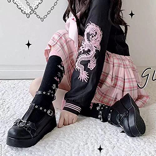Image of Women's Platform Mary Janes Heart Cat Buckle Rivets Ankle Lolita Gothic Princess Platform Pumps Patent Leather Thorn Vintage Traditional Embroidery Upper Dress Shoes