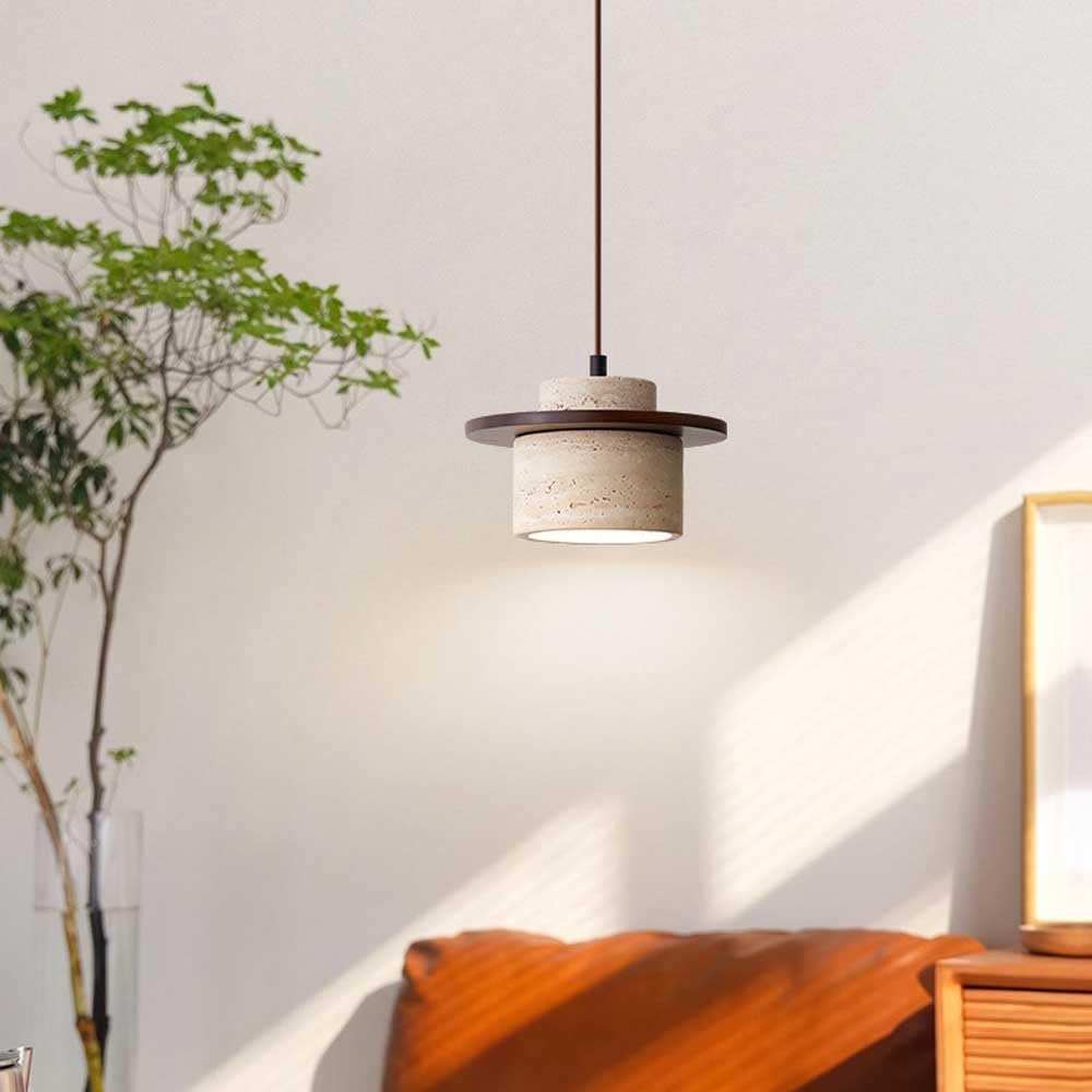 Style japonais moderne travertin suspension Wabi Sabi pierre suspension réglable en bois cuisine îlot luminaire mini cylindre éclairage suspendu pour restaurants, chambre à coucher, lustre E27
