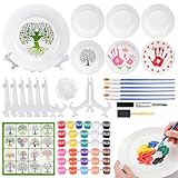 Cinrobiye 6 Set Father’s Day DIY Ceramic Plate Painting Kit, Paint Your Own Porcelain Plates Craft Set with Stands, Stencils & Paints for Dad Gift, Family Party Activity, Classroom Art Project