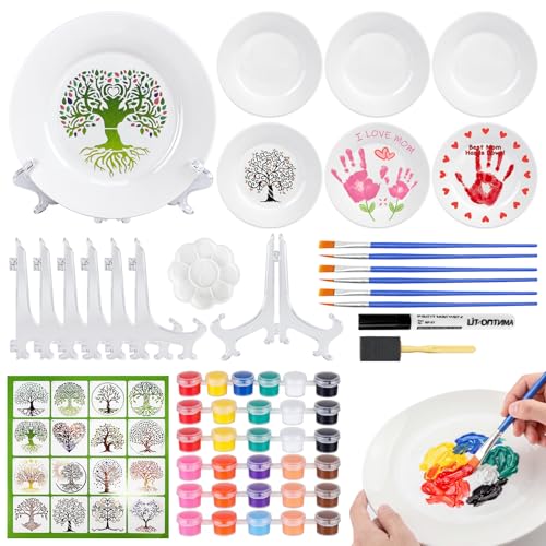Cinrobiye 6 Set Fathers Day DIY Ceramic Plate Painting Kit Paint Your Own Porcelain Plates Craft Set with Stands Stencils & Paints for Dad Gift Family Party Activity Classroom Art Project