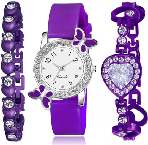 Acnos® Premium White Dial Diamond Pink Analog Watch Love Heart Diamond Bracelet for Girls Best Design Butterfly Combo 3 Pack of 3, Purple, Classic