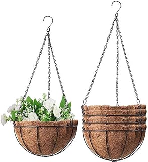 Fun Lites 5PCS Metal Hanging Planter Basket with Coco Coir Liner 25 CM Round Wire Plant Holder Porch Decor Flower Pots Hanger Garden Decoration Watering Hanging Baskets for Indoor Outdoor