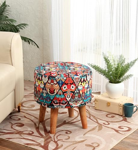 Image of NACIA Printed Sitting Ottoman Stool (16X16X17 Inches) for Living Room, Bedroom | Wooden Pouffes for Sitting & Footrest | Puffy Foot Stool Furniture for Home Decor | Dressing Table Ottoman (Multicross)
