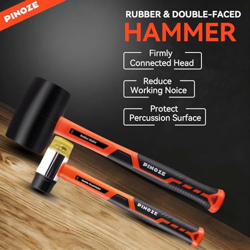Image of PINOZE 6-Piece Hammer Mallet Set with Fiberglass Handle Forge Steel Head, 16oz Ball Pein Hammers | 32oz Rubber Mallet | 3lb Sledge | 16oz & 8oz Claw Hammer | 22oz Double-Faced Mallet
