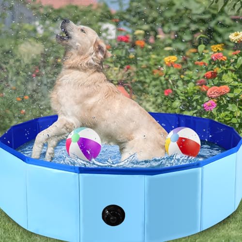 Fulhdedi Klappbarer Hundepool 100x30cm - Tragbare PVC Badewanne für Große Hunde, Blaues Schwimmbecken mit Rutschfestem Boden