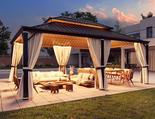 YOLENY 14' x 20' Gazebo, Galvanized Steel Double Roof Hardtop Gazebo with Aluminum Frame, Permanent Outdoor Metal Pavilion with Curtain and Netting for Patio, Lawn and Garden