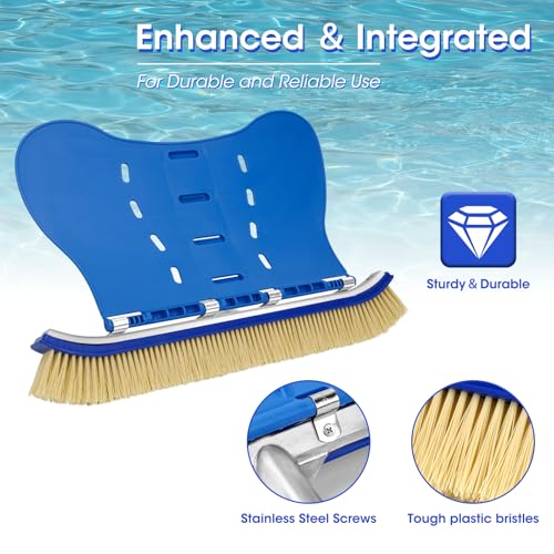 Pool Brush with Brush Tail for Cleaning Pool Walls Using Water Pressure, 18\" Tough Plastic Bristles Pool Brush Head with EZ Clips Fit Most Poles (Pole not Included)
