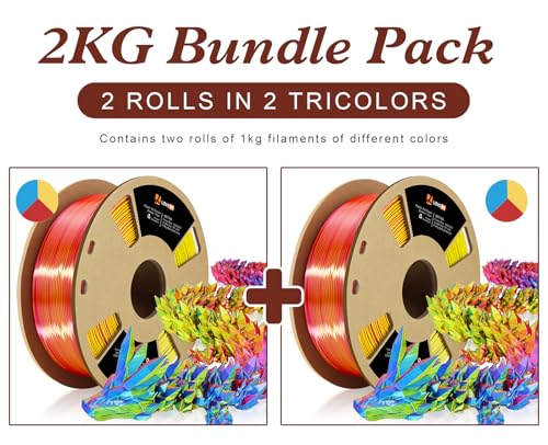 Image of LOVOON Silk PLA 3D Printing Filament Bundle 2KG, PLA Filament 1.75mm Shiny Tricolor Change by Angle 3D Printer Filament Pack, Get 2 Spools of Silk Blue /Yellow /Red, 1KG X 2 Spools