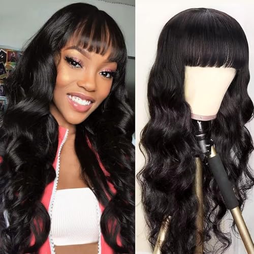 Perruque Femme Naturelle Body Wave Human Hair Wig With Bang, Perruque Sans Colle Cheveux Humain Avec Frange 150% Densité Wear and Go Glueless Wig 26 Pouces Perruque Noire Ondulée avec Franges