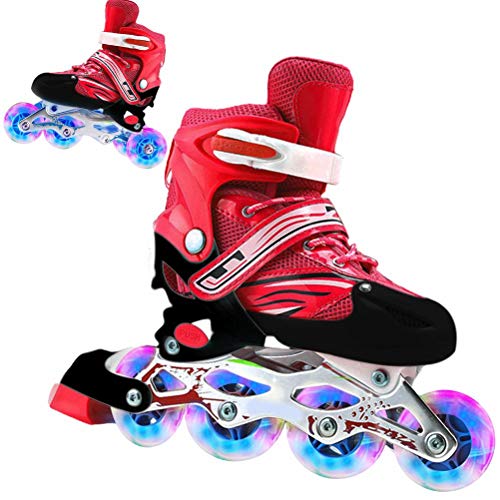 Yusat 2 in 1 Roller Skates 4 Size Adjustable Roller Skates for Kids and Adults Outdoor Flashing Wheel Skates- Safe Protective Beginner Skates, Red , M ((suitable for usual shoe size 33-37)