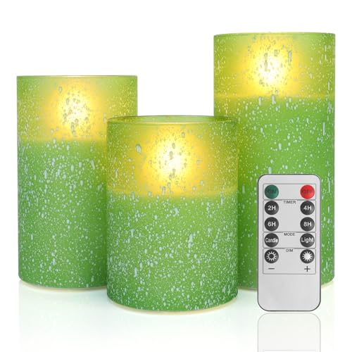 Image of Green Flameless Candles With Remote LED Flickering Pillar Candles Set of 3 | Realistic Flickering Flame Timer Brightness Control Battery Operated LED Candles for Halloween Christmas Holiday & Home Decor
