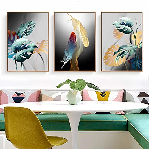 Art minimaliste vert et feuilles abstraites plumes dorées, triptyque affiche décoration murale 50x70cm