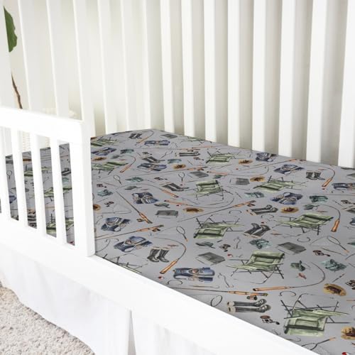Image of Fishing Baby Crib Sheets 52''x28'' - Snug Fitted Mattress Sheet for Boy Girl Nursery Bedding Decor - Soft Sheets for Standard Crib and Toddler Mattresses - Fishing Lovers Gift