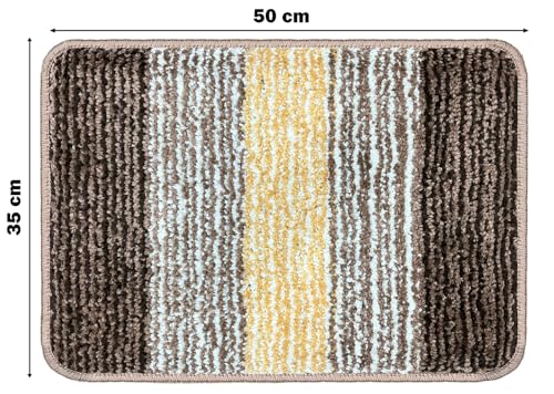 Image of VAS COLLECTIONS Microfiber Solid & Striped Anti-Skid Bath Mats - Pack of 2 (Brown & Yellow, 35x50 cm)