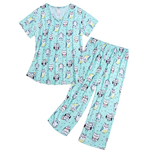 Pajamas For Women Two Piece Sleepwear Tops with Capri Pants lounge set Print Ladies Pajamas set Pj Set Blue-Green Owl L