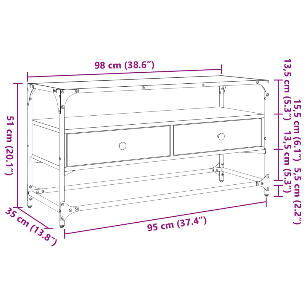 Mobile TV con ripiano in vetro, rovere Sonoma, 98 x 35 x 51 cm, in legno, con cassetti e spazio portaoggetti, moderna credenza per soggiorno, salvaspazio, con ripiano e ripiano