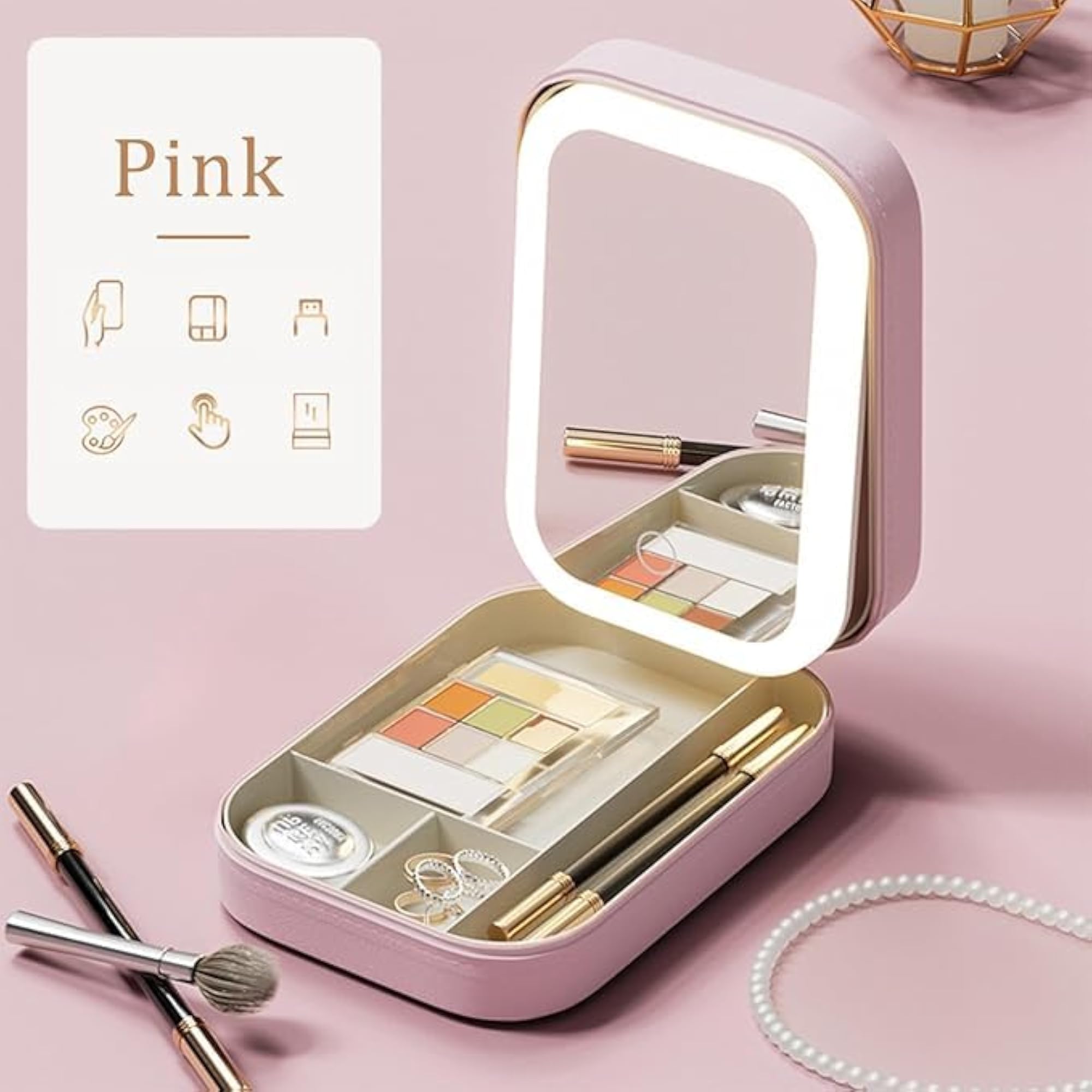 LED Makeup Box with Adjustable Light-Up Mirror, Dust-Proof Case