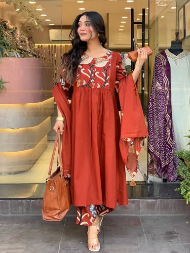Image of GoSriKi Women's Rayon Viscose Anarkali Printed Kurta with Pant & Dupatta