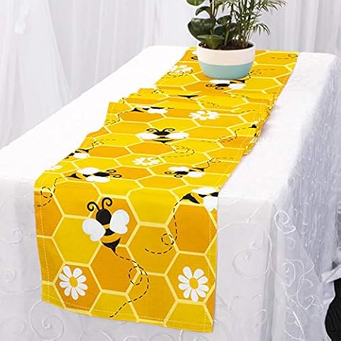 CiyvoLyeen Bumble Bee Table Runner, Honeycomb Beehive Yellow Table Setting Dresser Scarves, Spring Summer Table Fabric Decor for Restaurant Kitchen Dining Banquet Party Events Cover