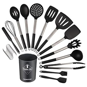 shumeifang Kitchen Tools Cookware Set of 14 Kitchen Tools Set Cooking Tools Utensils Kitchen Utensils Heat Resistant Silicone Food Safe Certified FDA Approved, Kitchen Utensils, Cooking, Pastry Utensils, Spatula, Storage Included, S-Shaped Hook (Black)