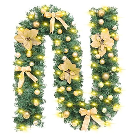 Christmas Garland with Lights, 2.7m/9ft Pre-Lit Artificial Xmas Garland for Stairs Fireplace, Green Rattan with Flower for Indoor Outdoor Decor (gold) Cover