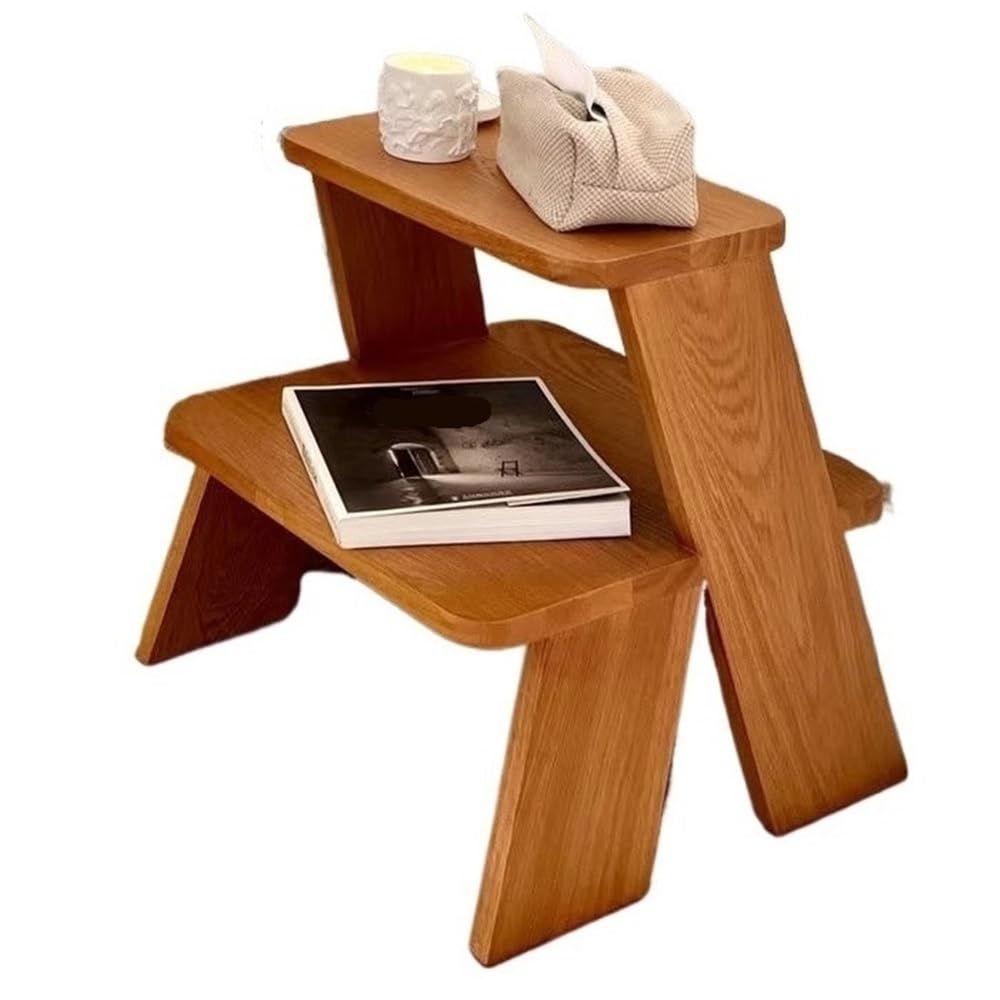 Mesa auxiliar y taburete de madera para decorar el salon y alcanzar estantes altos