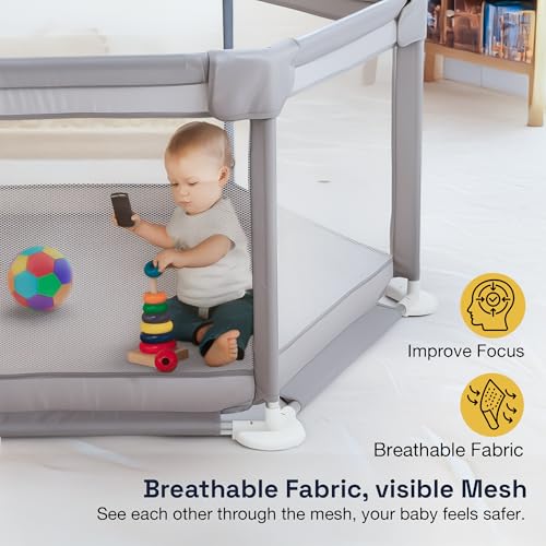 Image of Baybee Neo Kids Playpen for Babies | Baby Activity Playards with Zipper Lock & Corner Protection | Baby Play Area Indoor Setup with Hexagon shape for Extra Space | Outdoor Play Pen for Baby up to 5 Years (Grey)