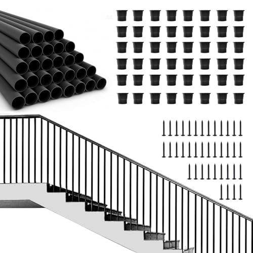 Paquete de 51 balaustres de aluminio de 32 pulgadas, husillos de barandilla de metal negro de 3/4 pulgadas para escalera con conectores y tornillo, balaustres redondos huecos para barandilla de