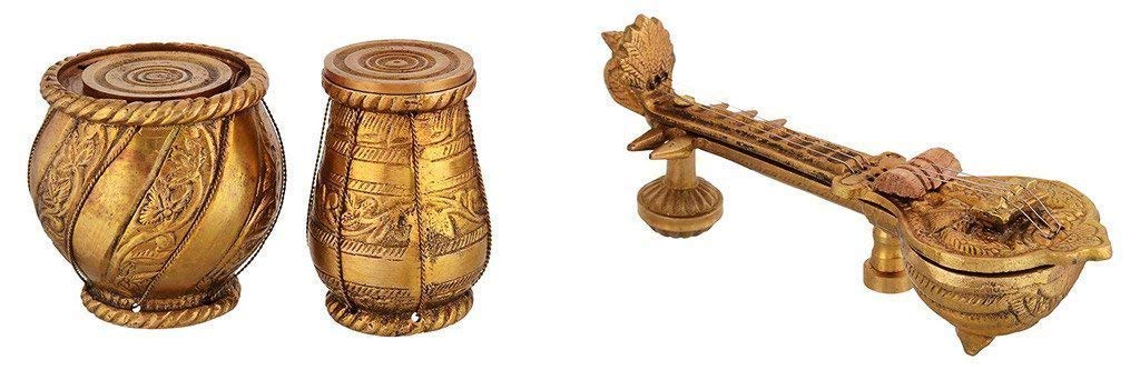 AONA Brass Sitar and Tabla Dugi Set for Home Decor/Office Decor/Gifting (17 cm x 6 cm x 17 cm, Bronze, Pack of 3) | Home Decor.