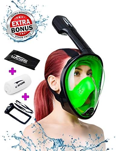 Full Face Snorkel Mask for Kids and Adults - Anti-Fog and Anti-Leak Easybreath Snorkeling Gear - Dive Scuba Mask with 180 Panoramic View and 4 Bonus Items as Snorkel Set (Black-Green, S/M)