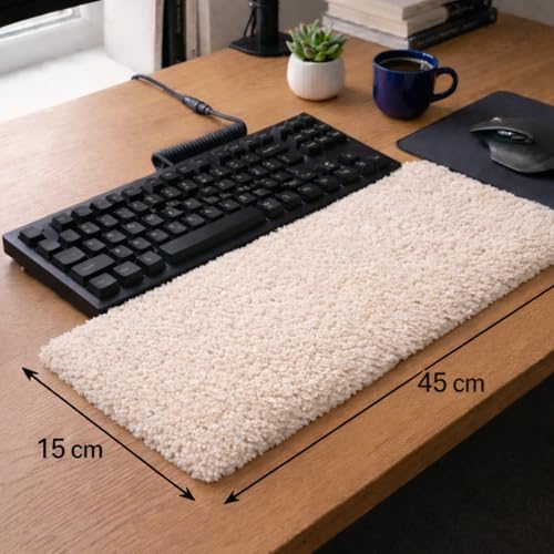 Image of Soft Plush Keyboard Carpet Wrist Rest Pad - Fluffy Ergonomic Wrist Support & Desk Nap Pillow for Computer, Laptop, Office Work & Gaming - Fuzzy Shag Desk Rug Cushion (45 x 15 cm) - Ivory