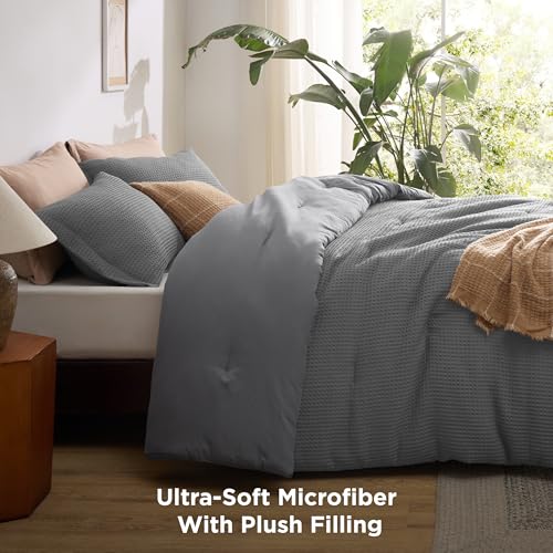 Image of Bedsure Queen Waffle Comforter Set Dark Grey, Soft and Breathable Bedding