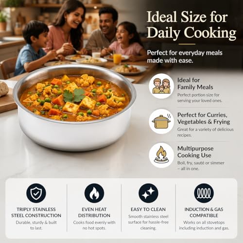 Image of JAGGERY Triply Stainless Steel Shallow Tope 2.5 Litre (22 cm) | Induction & Gas Compatible Patila | Fry Pan | Heavy Duty Stainless Steel Cookware