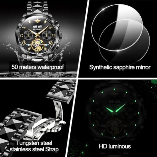 Image of OLEVS Men's Gold Skeleton Watch Automatic Mechanical self Winding Luxury Dress Stainless Steel Waterproof Luminous Wrist Watches