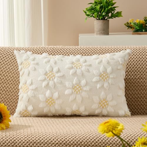 Image of DFXSZ Spring Summer Pillow Covers 12x20 inch Set of 2 White Sunflower | Farmhouse Decor Soft Plush Faux Fur Jacquard Throw Pillow Covers|For Spring Holiday Sofa Home Decor
