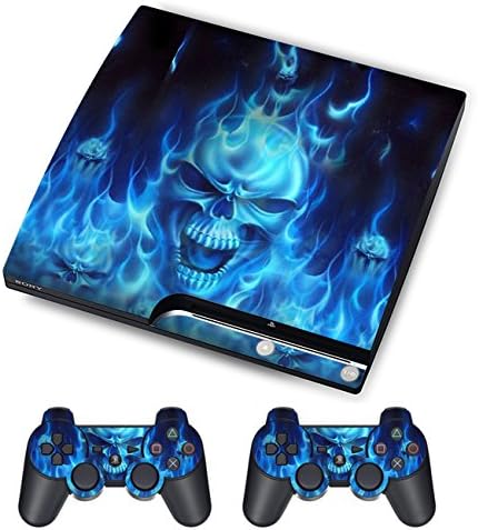 Skin Sticker for PS3 PlayStation 3 Decals Custom Mod Cover Decal Modding Game Vinyl Skins for Sony Play Station 3 Slim Console and 2 Wireless Remote Controllers - of Blue Fire