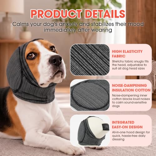 Image of Dog Calming Hood Ear Cover for Anxiety Relief, Grey, L | Soft Stretch Head Wrap with Padded Ear Muffs, No Hook-Loop Noise Reducing Snood for Grooming, Bathing,Travel & Vet Visit