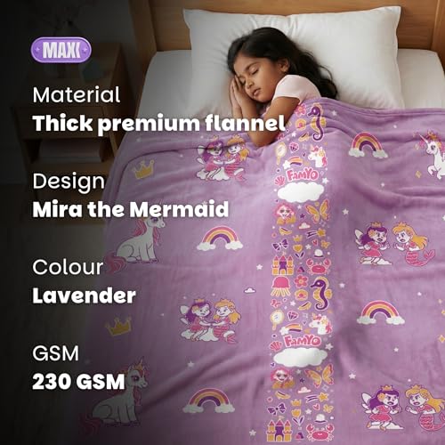 Image of Famyo GlowMaxx Kids Blanket | Soft Flannel Glow in Dark Blanket - Mermaid & Unicorn | AC Blanket for Kids | Summer Blanket 200x152 cm | Double Bed | 0-15 Yrs | Lab-Tested Safe (Purple)