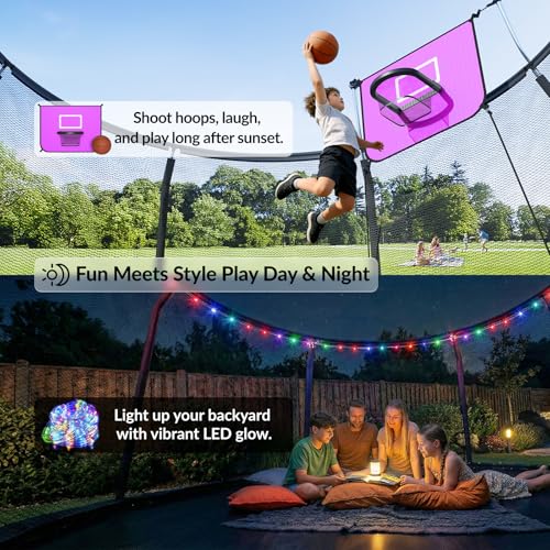 Image of ACWARM HOME Trampoline Outdoor 8FT 10FT 12FT 14FT 15FT 16FT Trampoline with Basketball Hoop and LED Lights, Recreational Trampolines for Kids and Adults with Enclosure Net & Ladder, ASTM Approved