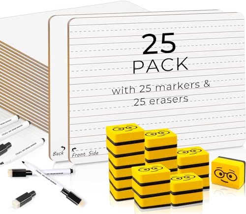 25 Pack White Board A4, Ohuhu 22 x 30 cm Mini Whiteboard Double Sided Lined/Blank, Portable Dry Erase White Board with Pens Erasers, A4 Small Whiteboard for Drawing Learning Home School Classroom Use