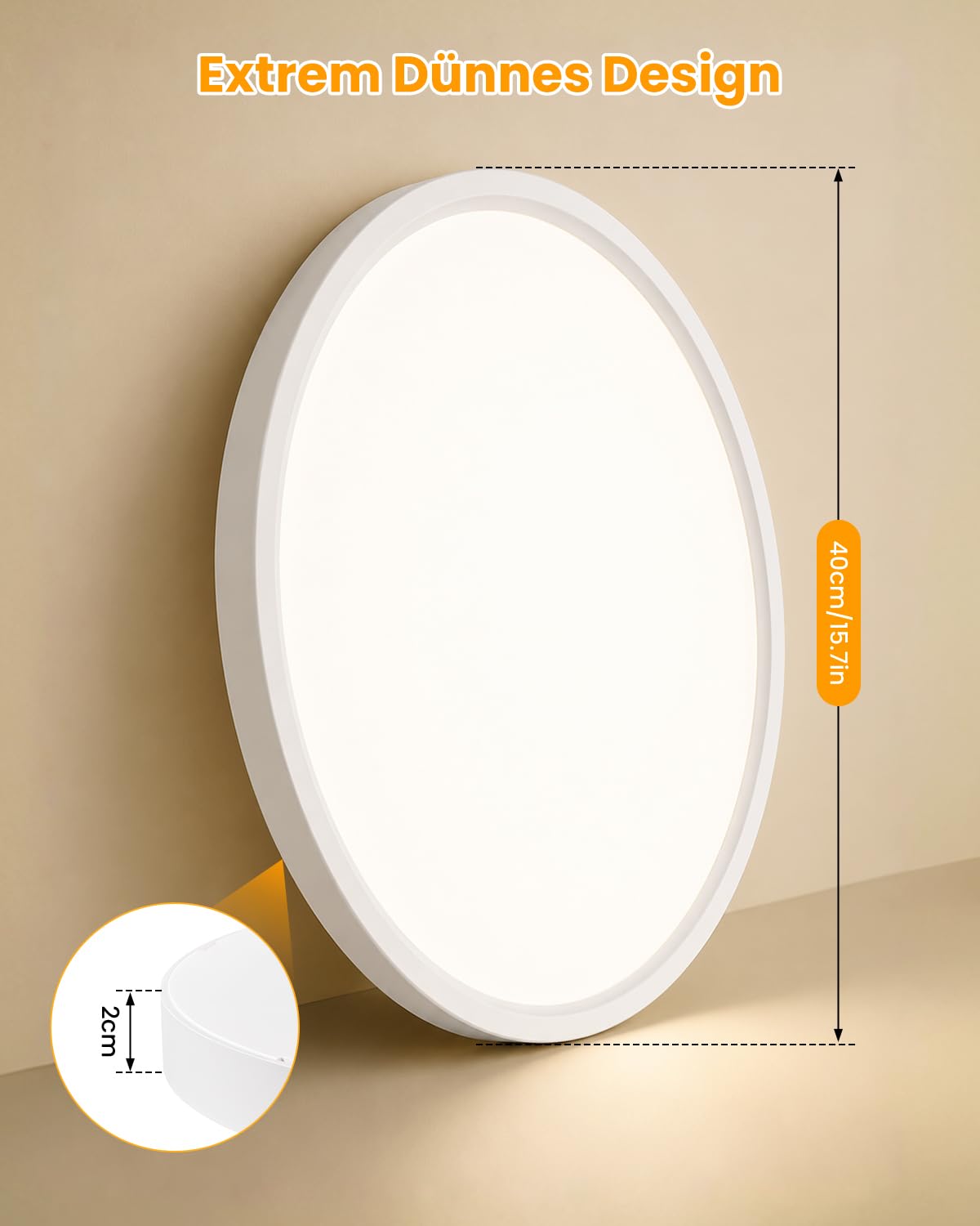 LED Deckenleuchte Effizienzklasse A, Deckenlampe 14W 4000K 3000lm Flach Rund Ø40cm, Modern IP54 Wasserfest Badezimmer Lampe Weiß für Bad Küche Wohnzimmer Schlafzimmer Flur Keller
