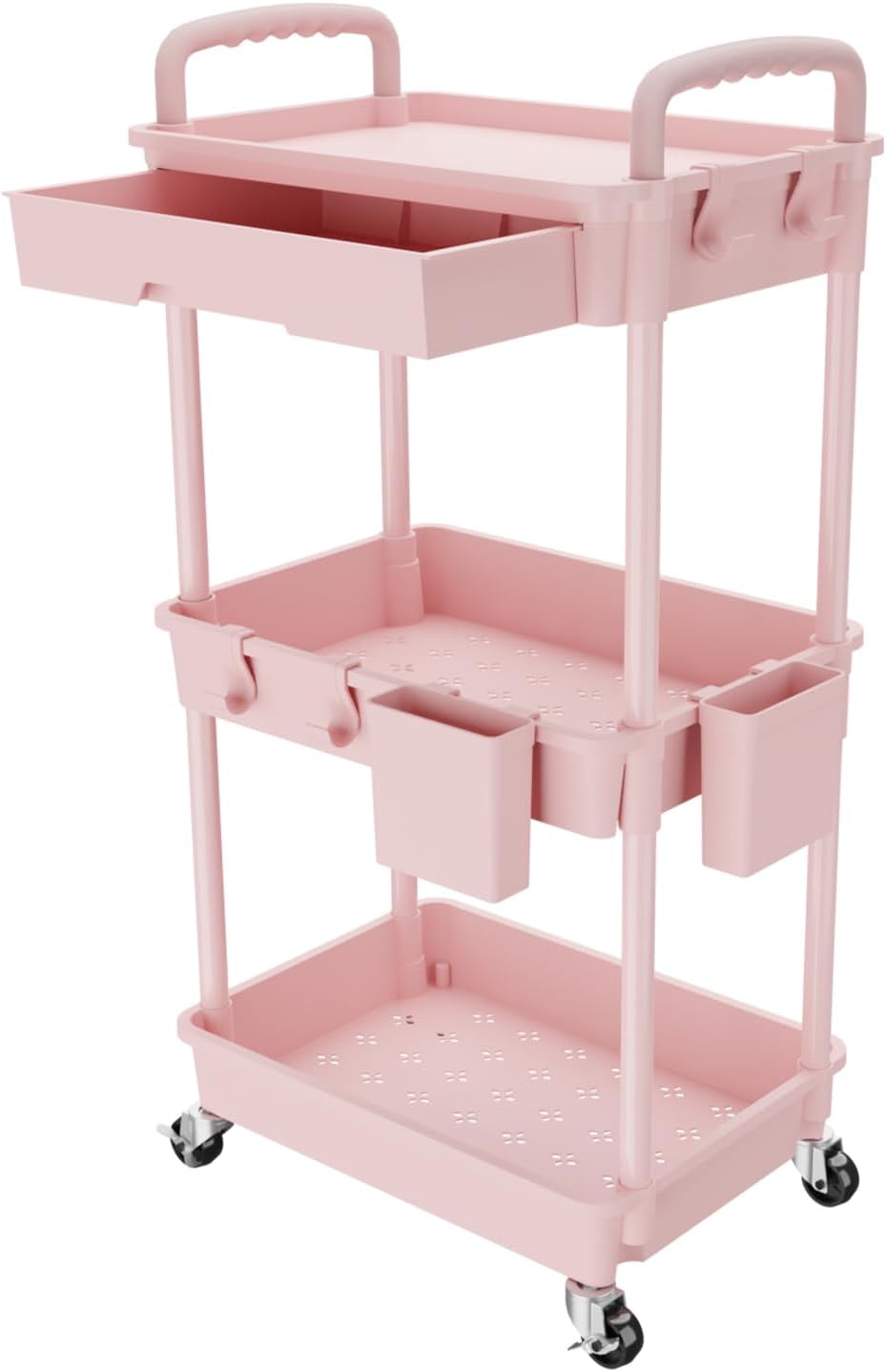 REBECAT 3 Tier Rolling Utility Cart with Drawer,Storage Cart,Rolling Cart for Kitchen,Bathroom,Living Room,Storage Organizer with Iron Wheels?Pink Pink 3 Tier With Drawer