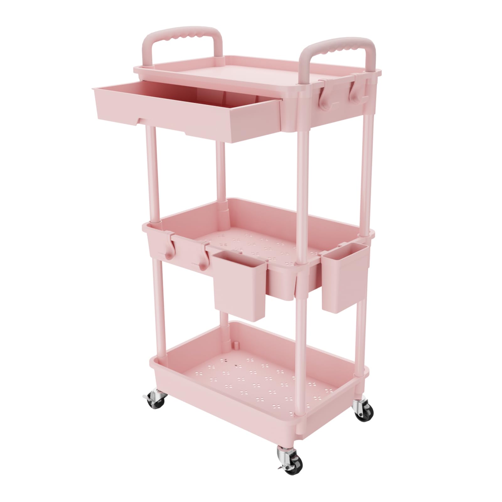 REBECAT 3 Tier Rolling Utility Cart with Drawer,Storage Cart,Rolling Cart for Kitchen,Bathroom,Living Room,Storage Organizer with Iron Wheels（Pink