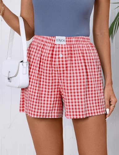 Image of LOMON Womens Boxer Shorts Casual Summer 2026 Pajama Lounge Sleep Pj Gingham Plaid Shorts Y2K Beach Bottoms